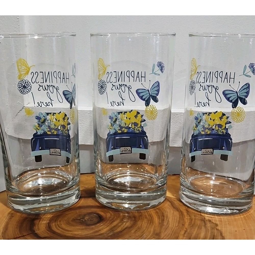 Vintage Set Of 3 "Happiness Grows Here" Drinking Tumbler Glasses Tall 16oz - Picture 7 of 7